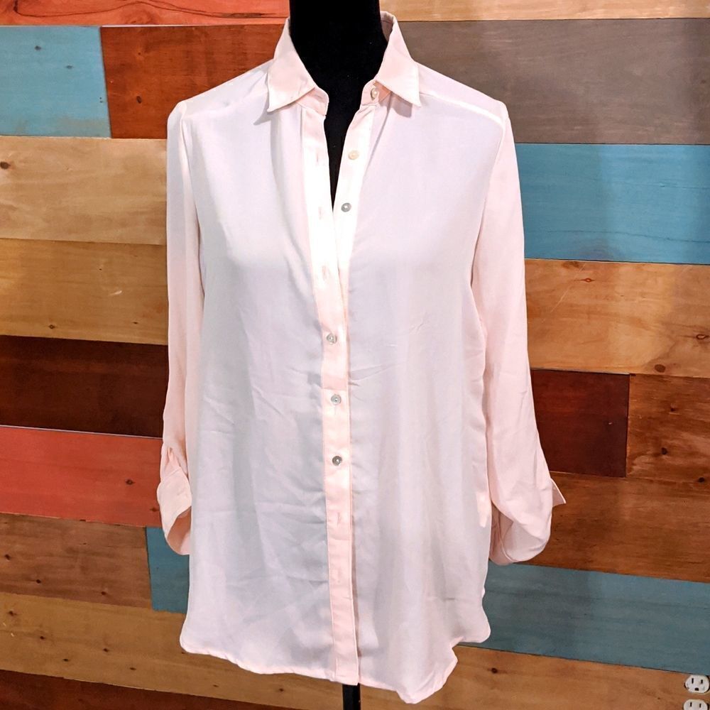 Small pink sheer tailor and sage long sleeve button down blouse lace back